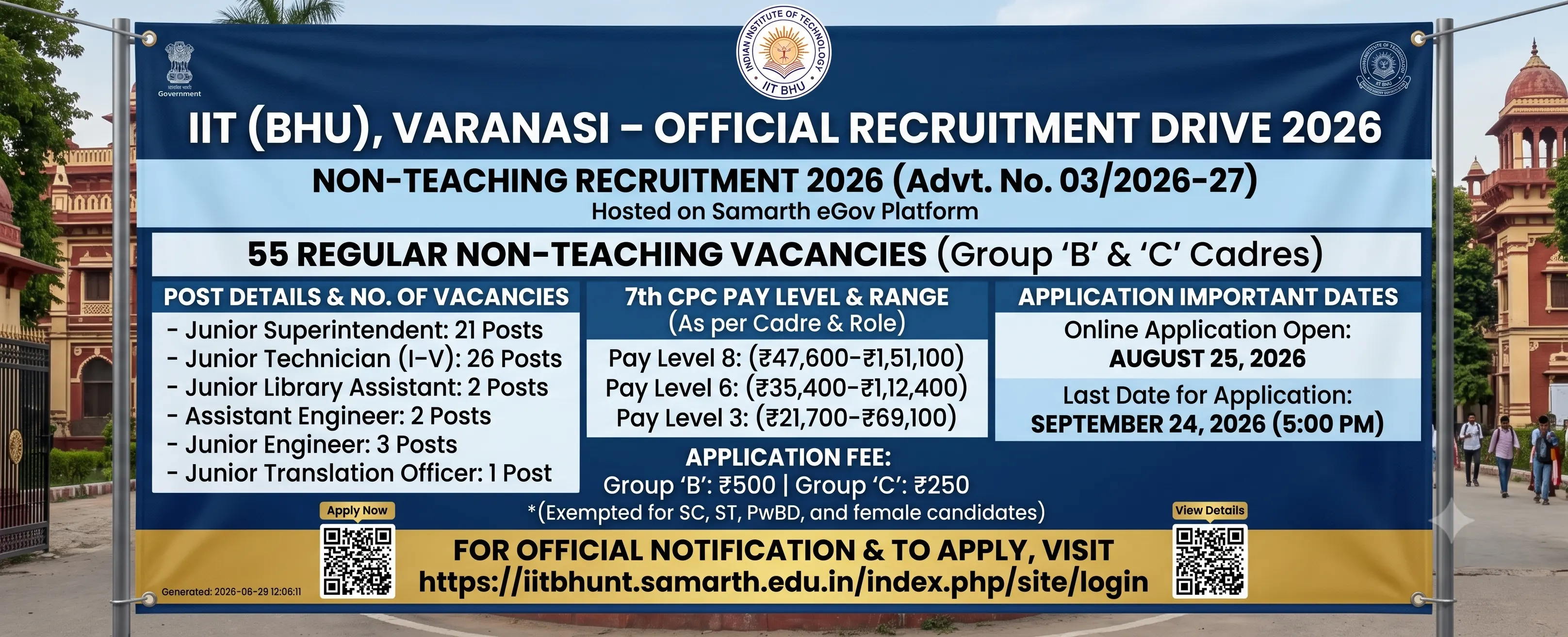 Junior Superintendent, Junior Technician (Groups I–V), Junior Library Assistant, Assistant Engineer, Junior Engineer, Junior Translation Officer.